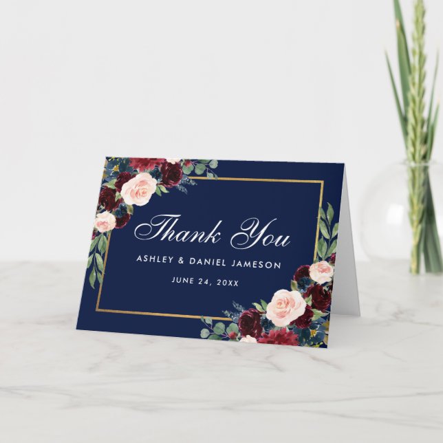 Floral Burgundy Blue Wedding Danke Falten Karte (Vorderseite)