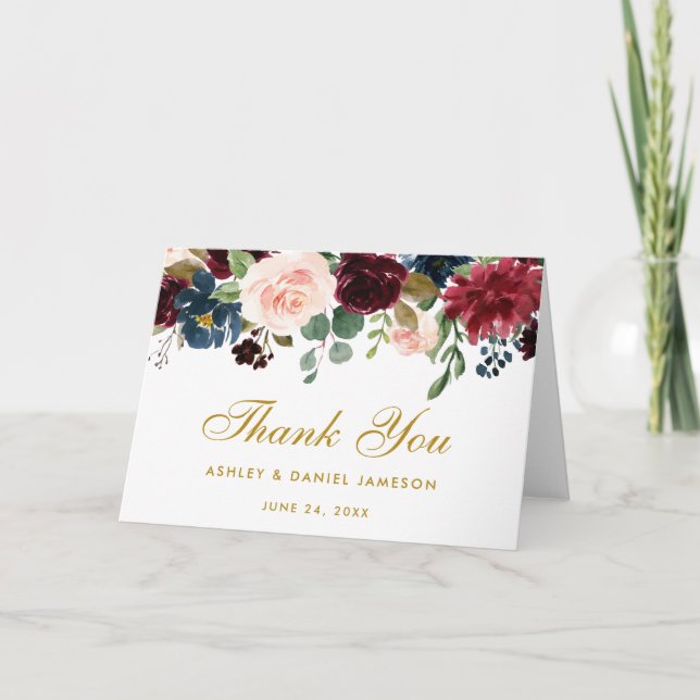 Floral Burgundy Blue Wedding Gold Danke Falten Kar (Vorderseite)