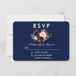 Floral Burgundy Blue Wedding RSVP Karte