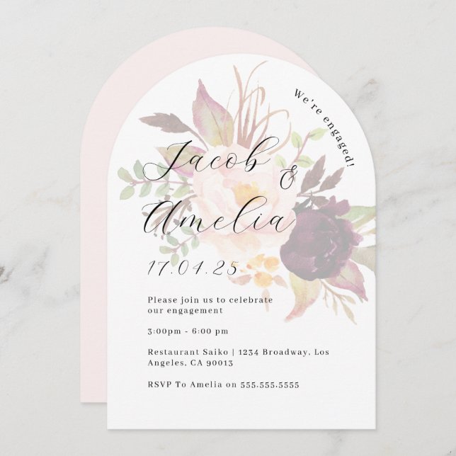 Floral Burgundy Blush Arch Engagement Party Einladung (Vorne/Hinten)