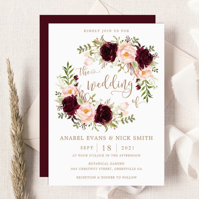 Floral Burgundy Blush Elegante Typografie Hochzeit Einladung (Von Creator hochgeladen)