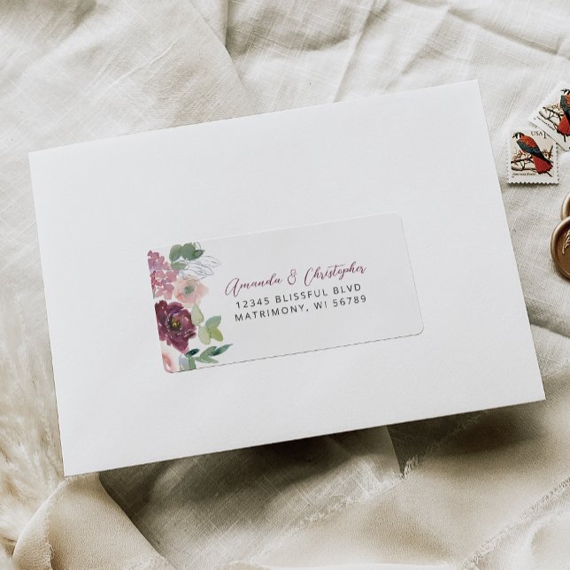 Floral Burgundy Blush Wedding RSVP-Adresse Adressaufkleber (Von Creator hochgeladen)