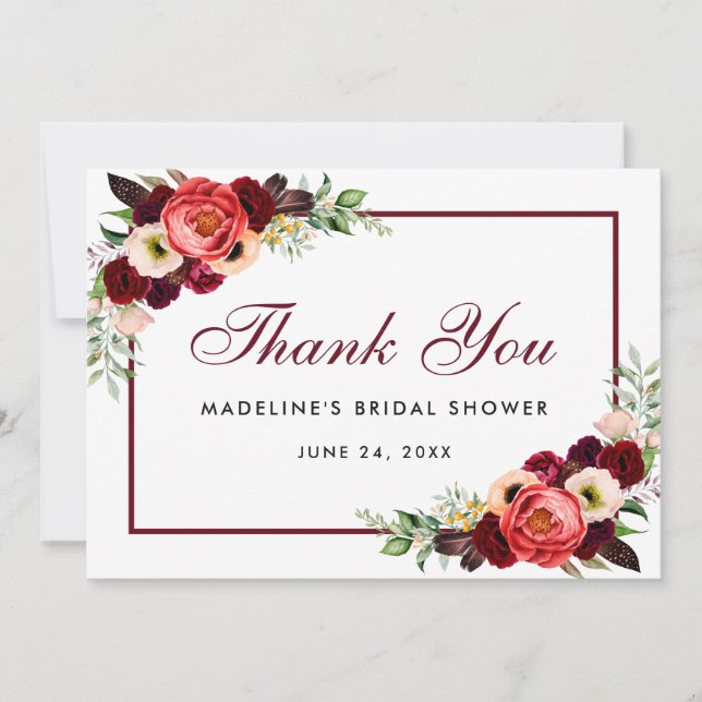 Floral Burgundy Boho Brautparty Danke Card B Save The Date (Vorderseite)
