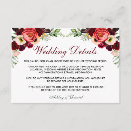 Floral Burgundy Boho Hochzeitdetails Beipackkarte  Begleitkarte