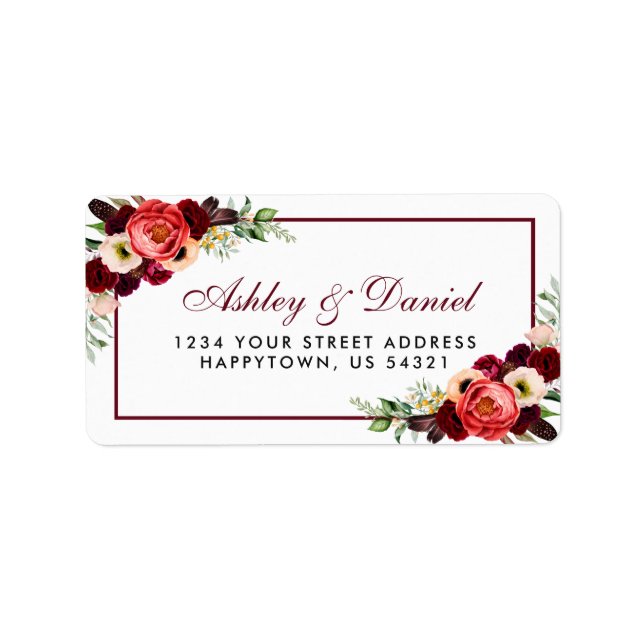 Floral Burgundy Boho Wedding Address Adressaufkleber (Vorne)
