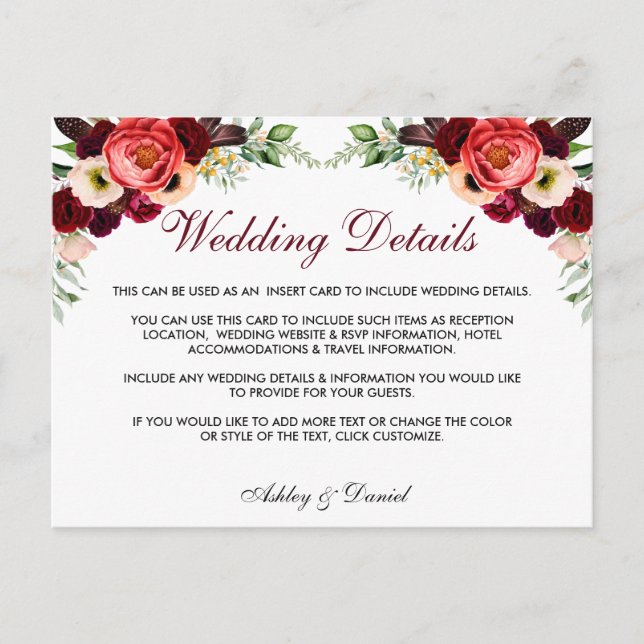 Floral Burgundy Boho Wedding Details Beilage Karte (Vorderseite)