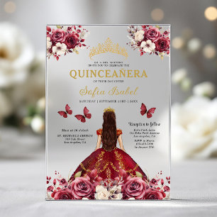 Floral Burgundy Butterfly Prinzessin Quinceanera Acryleinladungen