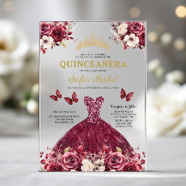 Floral Burgundy Butterfly Prinzessin Quinceanera Acryleinladungen