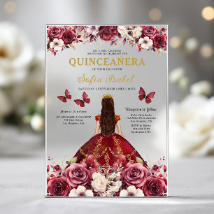 Floral Burgundy Butterfly Prinzessin Quinceanera Acryleinladungen