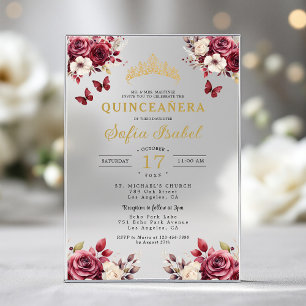 Floral Burgundy Butterfly Prinzessin Quinceanera Acryleinladungen