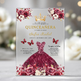 Floral Burgundy Butterfly Prinzessin Quinceanera Acryleinladungen