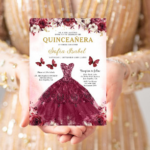 Floral Burgundy Butterfly Prinzessin Quinceanera Einladung