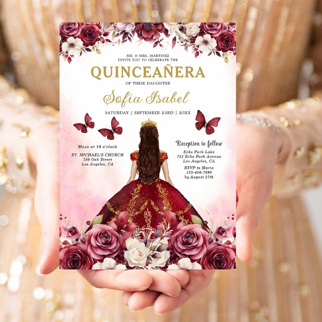 Floral Burgundy Butterfly Prinzessin Quinceanera Einladung (Von Creator hochgeladen)