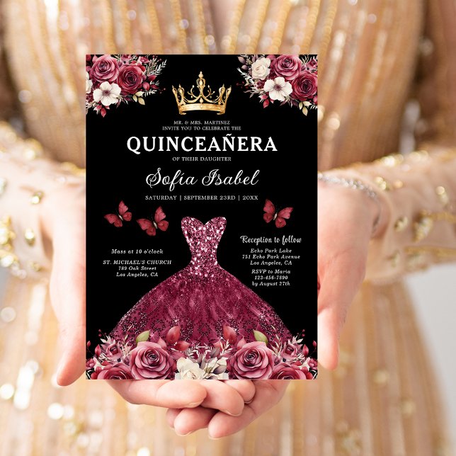 Floral Burgundy Butterfly Prinzessin Quinceanera Einladung (Von Creator hochgeladen)