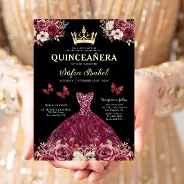 Floral Burgundy Butterfly Prinzessin Quinceanera Folieneinladung