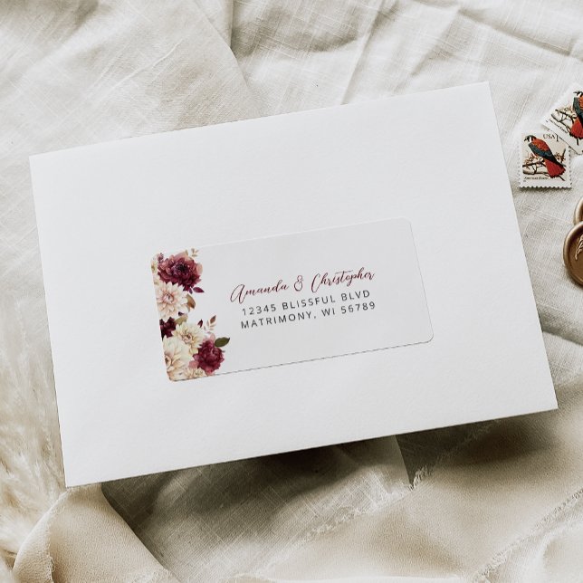 Floral Burgundy Cream Wedding RSVP-Adresse Adressaufkleber (Von Creator hochgeladen)