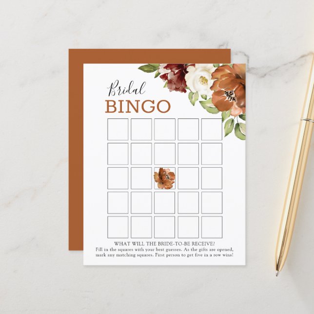 Floral Burgundy Dark Orange Bridal Bingo Game Card (Vorderseite/Rückseite Beispiel)