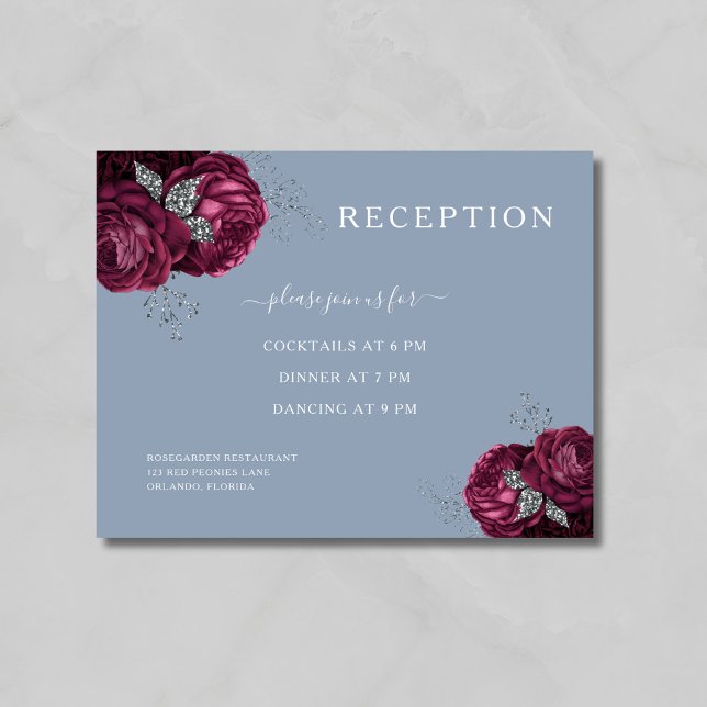 Floral Burgundy Dusty Blue Wedding Empfang Begleitkarte (Floral Burgundy Dusty Blue Wedding Reception Enclosure Card)