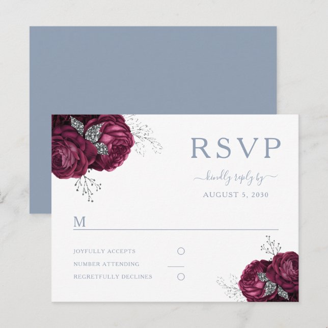 Floral Burgundy Dusty Blue Wedding RSVP Postkarte (Vorne/Hinten)