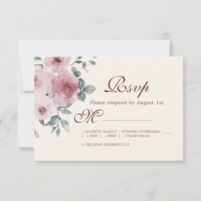 Floral Burgundy Dusty Pink Rose Ivory Wedding RSVP Karte (Vorderseite)