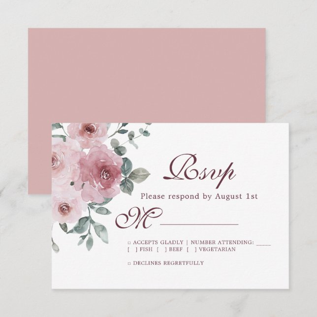 Floral Burgundy Dusty Pink Rose Wedding RSVP (Vorne/Hinten)