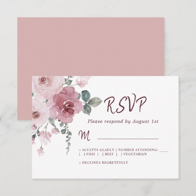 Floral Burgundy Dusty Pink Rose Wedding RSVP (Vorne/Hinten)