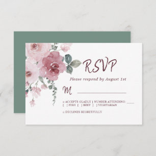 Floral Burgundy Dusty Pink Rose Wedding RSVP