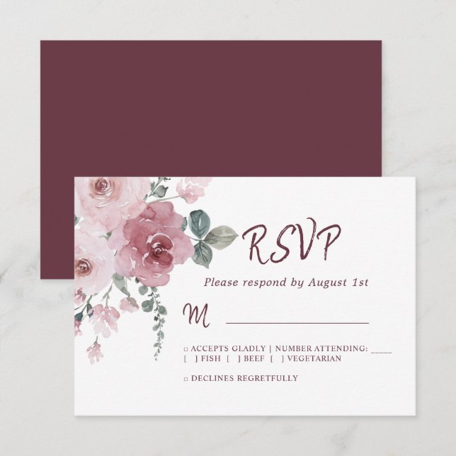 Floral Burgundy Dusty Pink Rose Wedding RSVP (Vorne/Hinten)