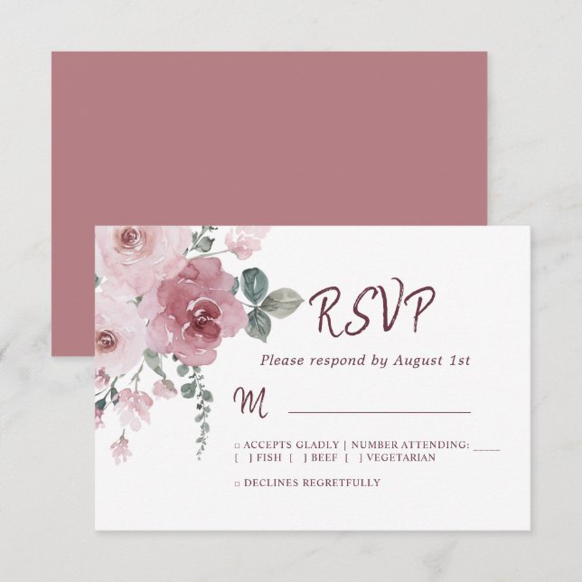 Floral Burgundy Dusty Pink Rose Wedding RSVP Karte (Vorne/Hinten)