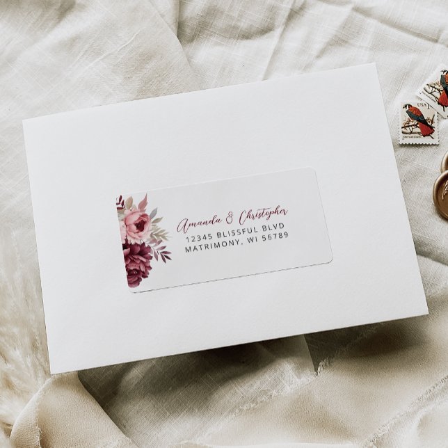 Floral Burgundy Dusty Rose Wedding RSVP-Adresse Adressaufkleber (Von Creator hochgeladen)