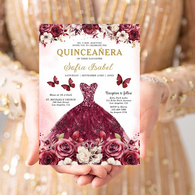 Floral Burgundy Gold Bilingual Spanish Quinceanera Einladung (Von Creator hochgeladen)