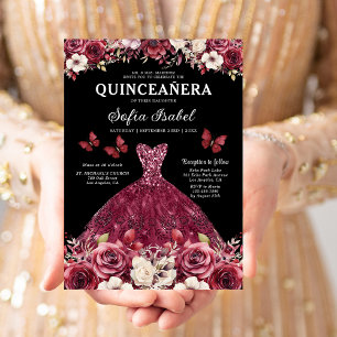 Floral Burgundy Gold Bilingual Spanish Quinceanera Einladung