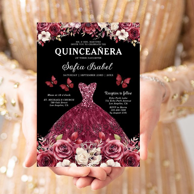 Floral Burgundy Gold Bilingual Spanish Quinceanera Einladung (Von Creator hochgeladen)