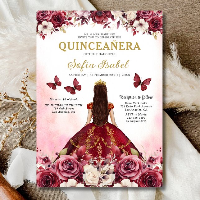 Floral Burgundy Gold Bilingual Spanish Quinceanera Einladung (Von Creator hochgeladen)