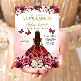 Floral Burgundy Gold Bilingual Spanish Quinceanera Einladung