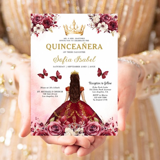 Floral Burgundy Gold Bilingual Spanish Quinceanera Einladung (Von Creator hochgeladen)