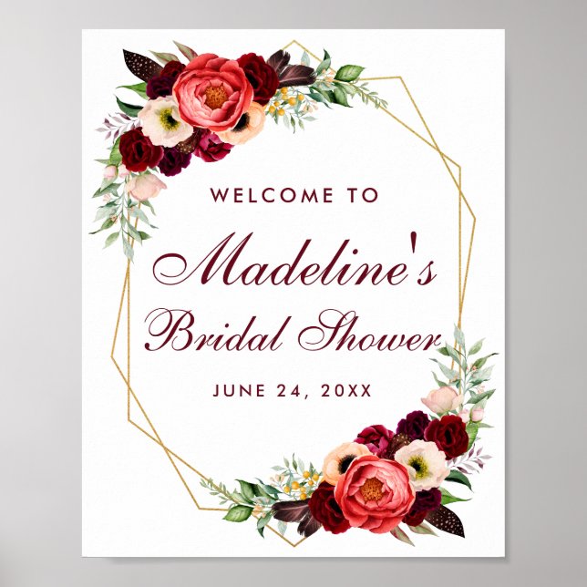 Floral Burgundy Gold Boho Brautparty Willkommen Poster (Vorne)