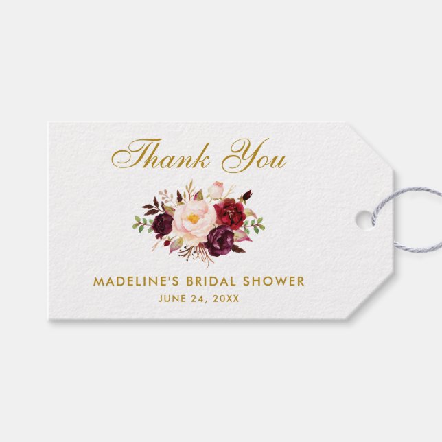 Floral Burgundy Gold Brautparty Danke Geschenkanhänger (Vorderseite (Horizontal))
