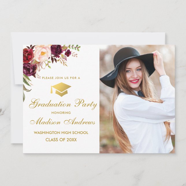 Floral Burgundy Gold Foto Graduation Party einlade Einladung (Vorderseite)