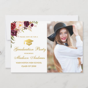 Floral Burgundy Gold Foto Graduation Party einlade Einladung
