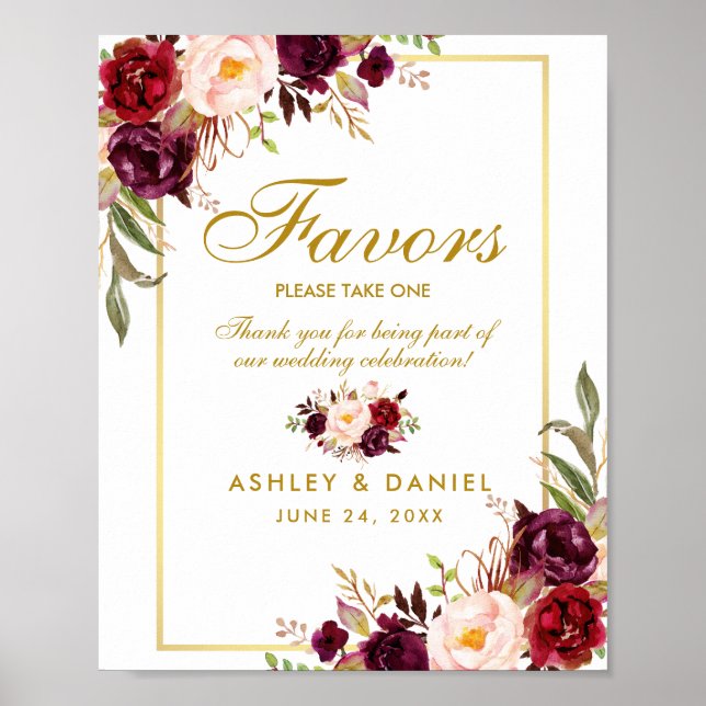 Floral Burgundy Gold Gastgeschenke Hochzeiten Poster (Vorne)