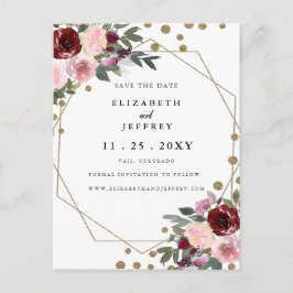 Floral Burgundy Gold Geometric Save the Date Ankündigungspostkarte