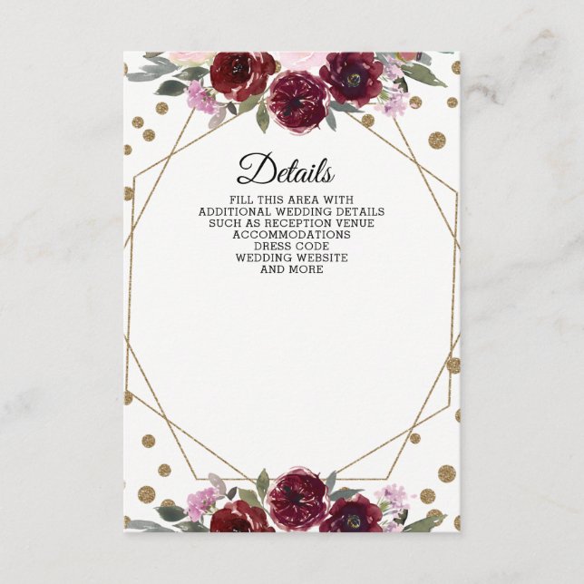 Floral Burgundy Gold Glitzer Geometric Wedding Begleitkarte (Vorderseite)