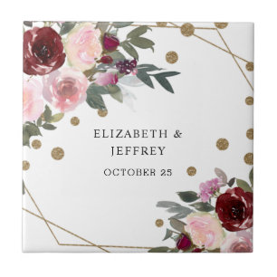 Floral Burgundy Gold Glitzer Geometric Wedding Fliese