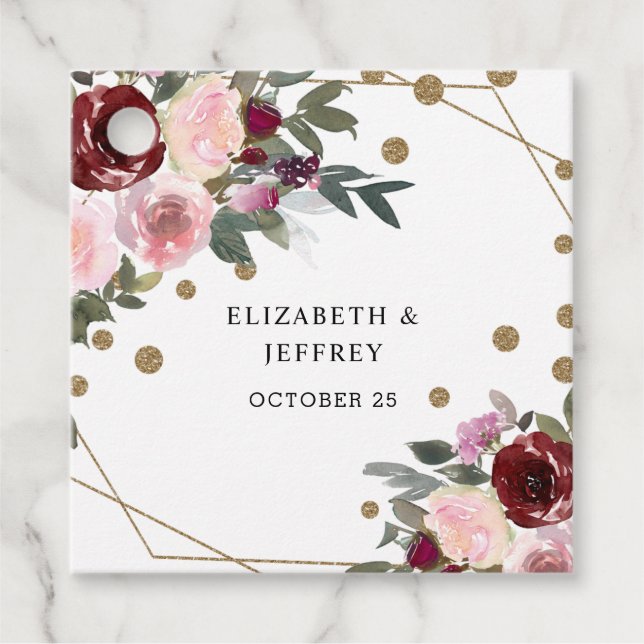 Floral Burgundy Gold Glitzer Geometric Wedding Geschenkanhänger (Vorderseite)