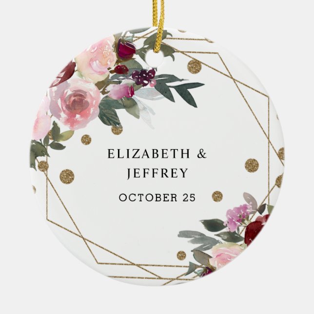 Floral Burgundy Gold Glitzer Geometric Wedding Keramik Ornament (Vorne)