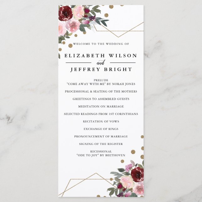 Floral Burgundy Gold Glitzer Geometric Wedding Programm (Vorderseite)