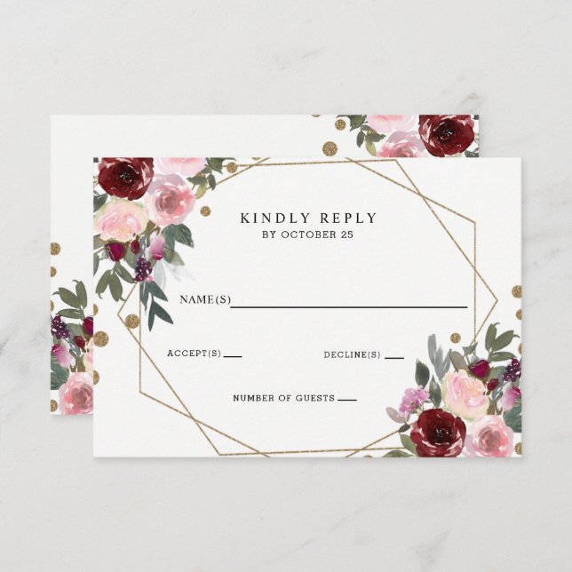 Floral Burgundy Gold Glitzer Geometric Wedding RSVP Karte (Vorne/Hinten)