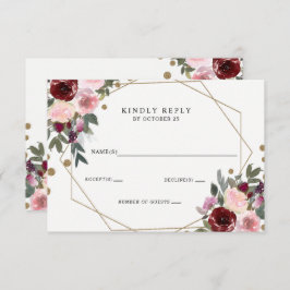 Floral Burgundy Gold Glitzer Geometric Wedding RSVP Karte