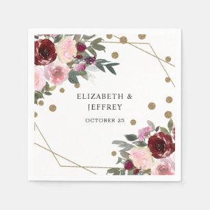Floral Burgundy Gold Glitzer Geometric Wedding Serviette